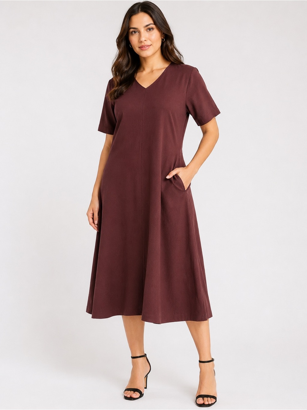 Uniqlo | Dresses | Uniqlo Vneck Midi Dress In Burgundy